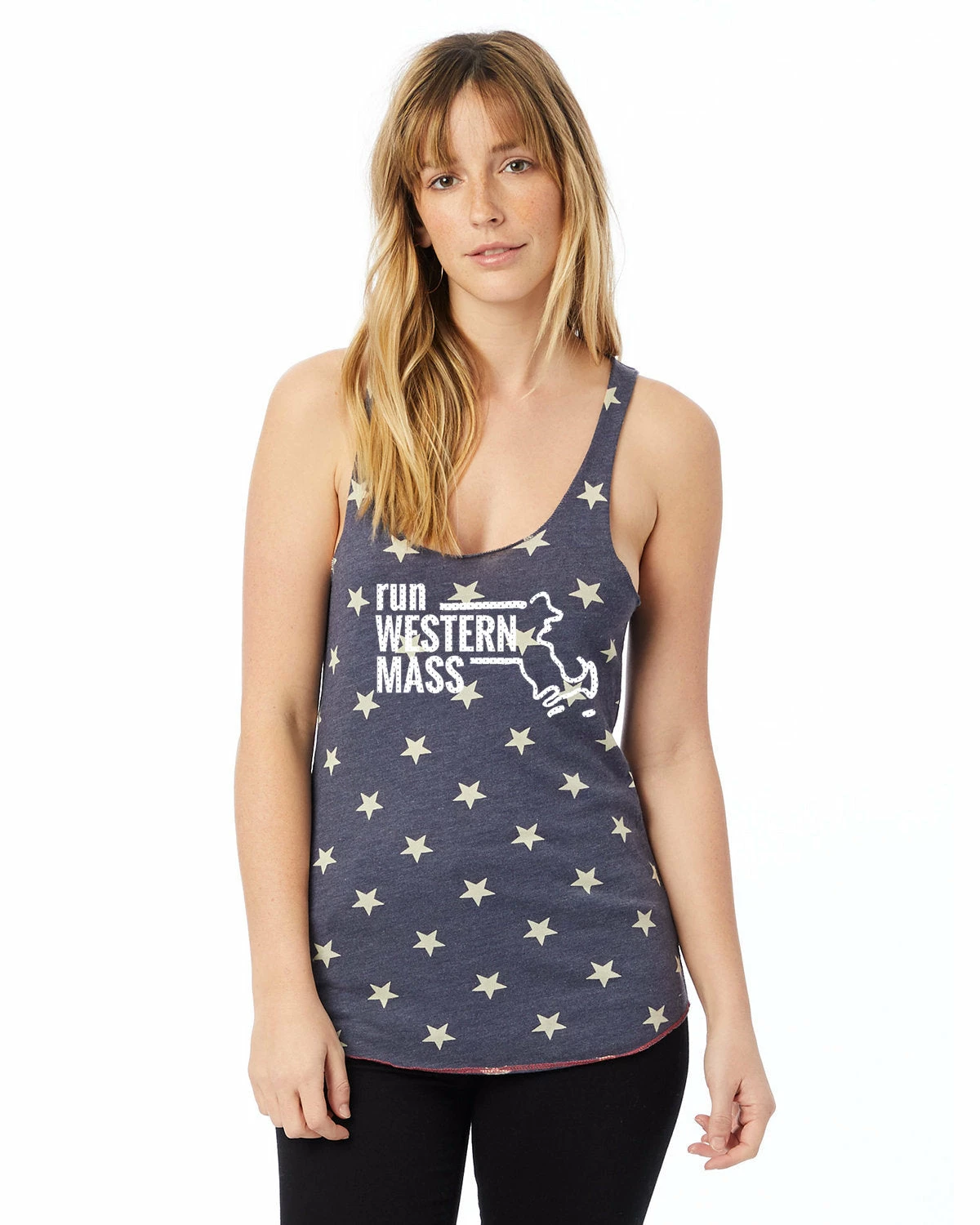Women's Western Mass Racerback Stars and Stripes Tank - Navy Blue (RUNWEST-AA1927P-S) Marathon Sportswear Women's Western Mass Racerback Stars And Stripes Tank - Navy Blue (RUNWEST-AA1927P-S) -Darn Tough Shop aa1927p gy z 3